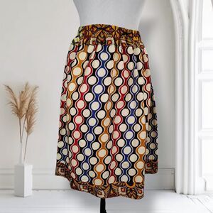Vintage 70s Psychedelic Skirt Size S Wavy Geometric Print Elastic Waist Knee